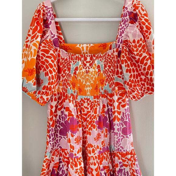 OLIPHANT Bubble Skirt Mini Cotton Smocked Dress Antigua Orange Print Tuckernuck - Picture 6 of 7